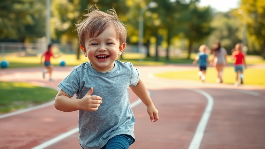 inspiring child with autism participating in outdoor exercise, joyful expression, running on a track in a sunny park with other children; physical fitness and autism support