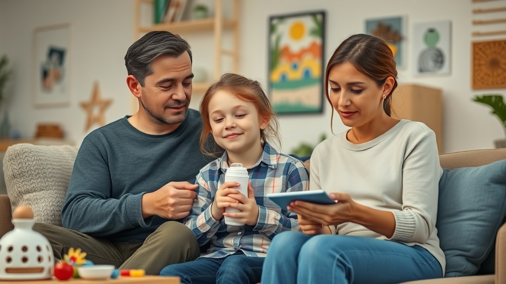 autism spectrum disorder and health - family supporting autistic teenager during self-care in a cozy home setting with sensory-friendly elements