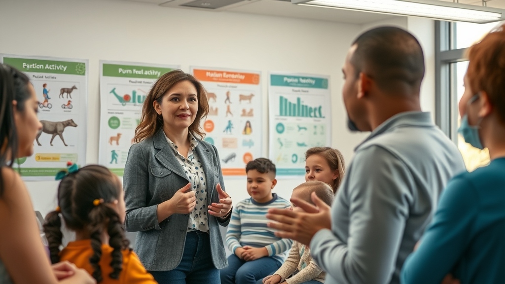 physical activity benefits for autistic children: teacher explaining to parents and kids in modern classroom