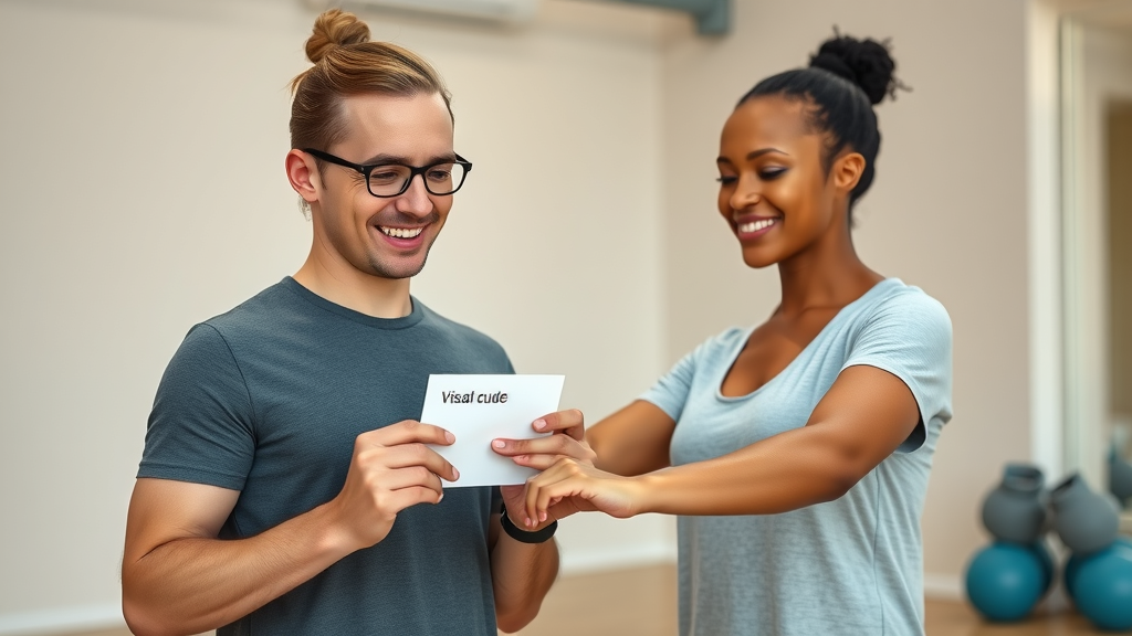 Confident fitness professional using visual cue cards to guide an autistic individual through an exercise in a calm gym
