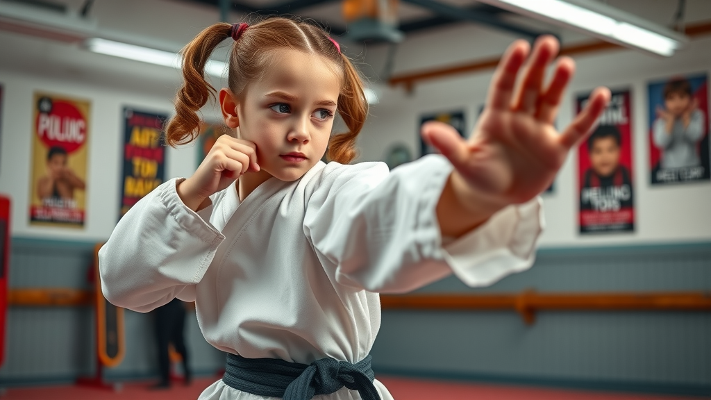 autistic child martial arts: confident autistic girl practicing in martial arts dojo with focused energy