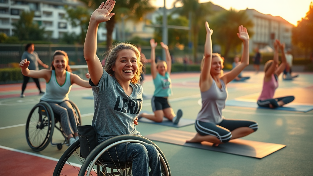 uplifting adaptive sports activity with people of all abilities playing wheelchair basketball and yoga in an outdoor inclusive fitness setting