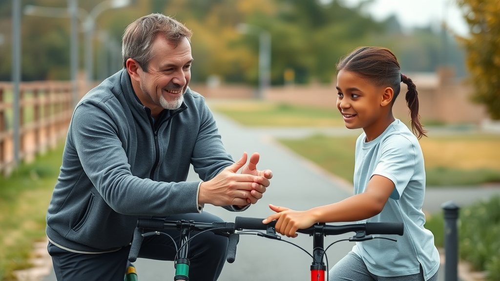 Sports coach guiding autistic youth cycling, adaptive lesson, physical activity, autism spectrum