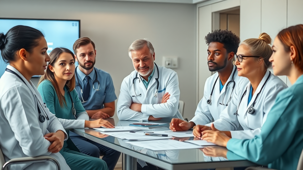 autism spectrum disorder and health - group of diverse healthcare professionals collaborating on patient care in a modern hospital conference room