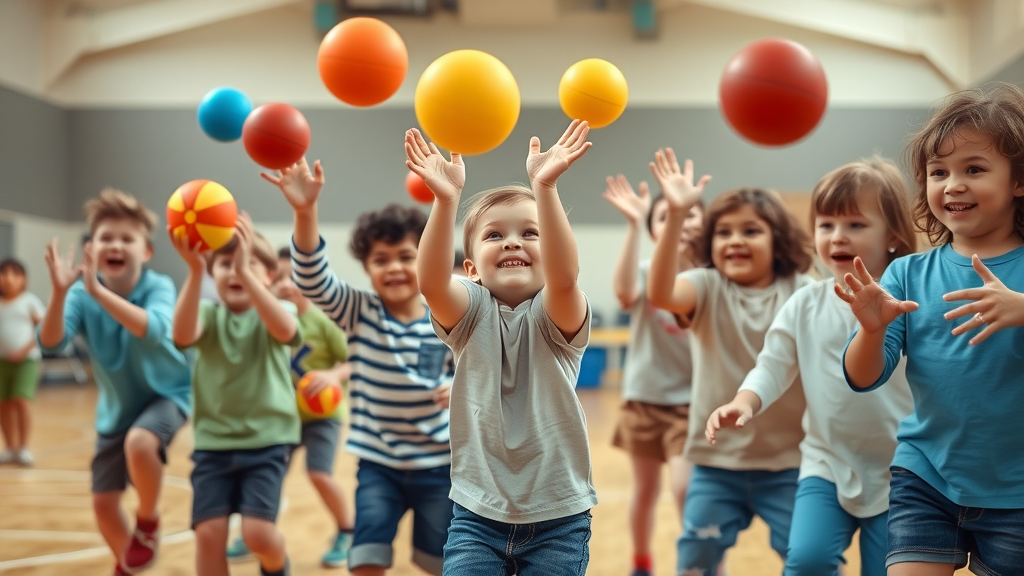 group of children with autism enjoying ball games to promote gross motor development in a bright gymnasium