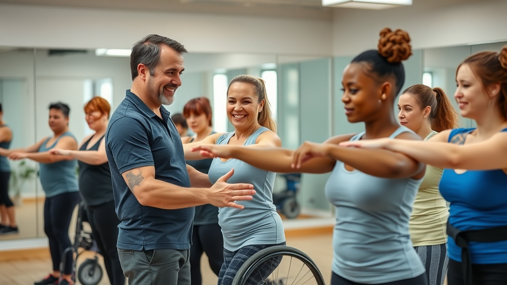 professional fitness instructor helping diverse participants with inclusive fitness activities in a modern studio