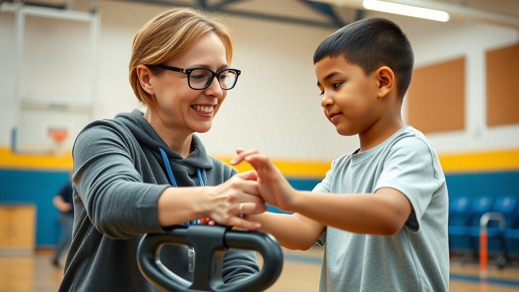benefits of exercise for autism spectrum: teacher supports autistic student choosing equipment in accessible gym