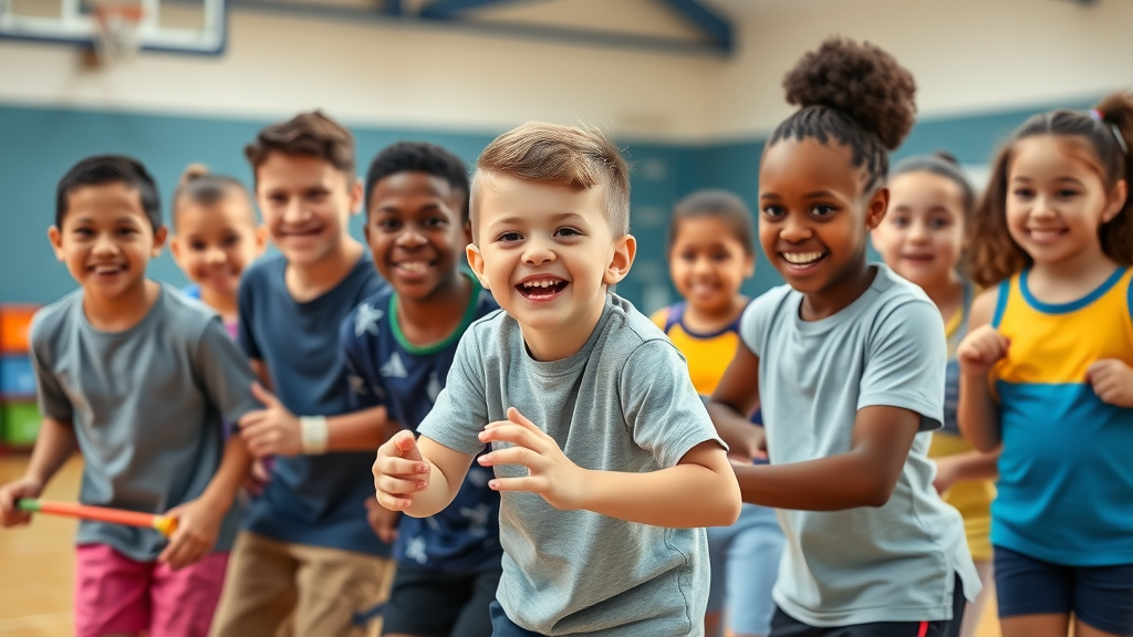 friendly diverse group of students including a child with autism participating in inclusive PE class; inclusive physical education for autism