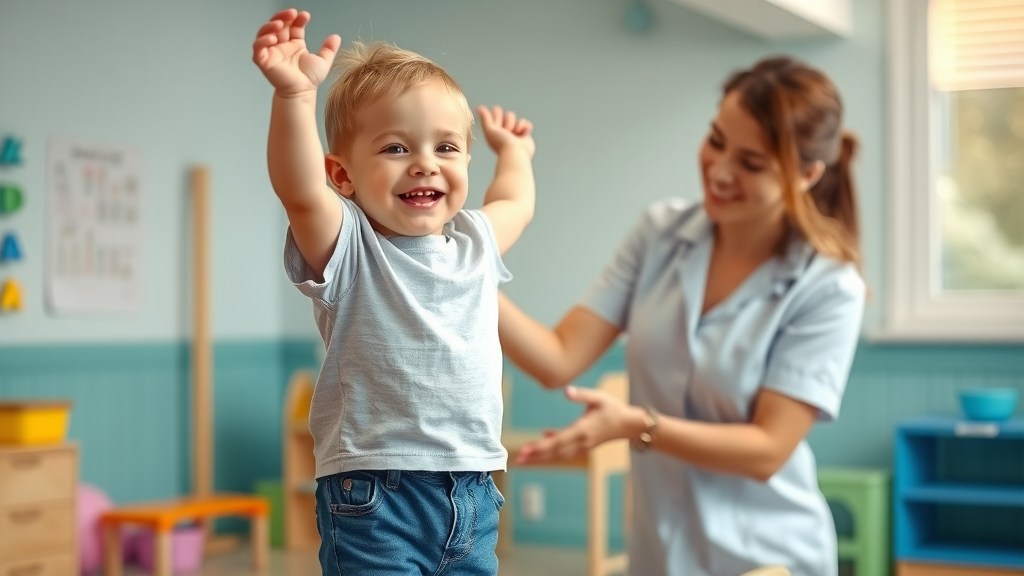 Joyful autistic child practicing balance beam therapy gym motor skill development, physical activity autism
