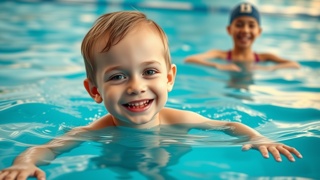 swimming benefits for autistic children: happy autistic child relaxing during swimming lesson for autism spectrum disorder