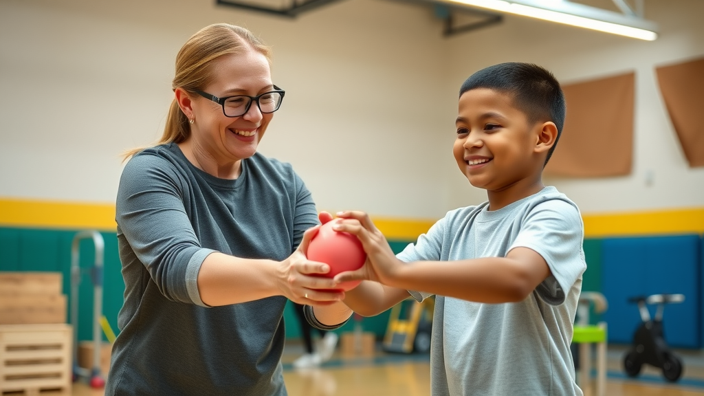 supportive physical education instructor guiding a young autistic student practicing exercise; tailored physical fitness for autism