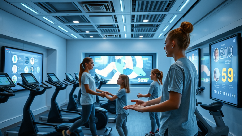 Modern adaptive fitness studio with large screens displaying fitness apps and inclusive, interactive equipment for autistic individuals