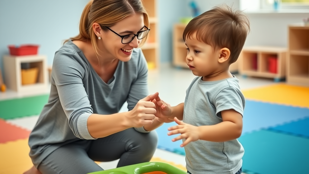 caring occupational therapist supporting a young autistic child with balance exercises to address motor impairments in a colorful therapy room