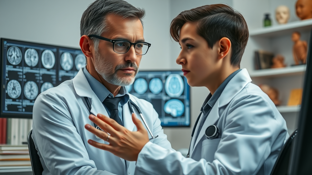 thoughtful pediatric neurologist analyzing brain scans in relation to autism spectrum motor skill development