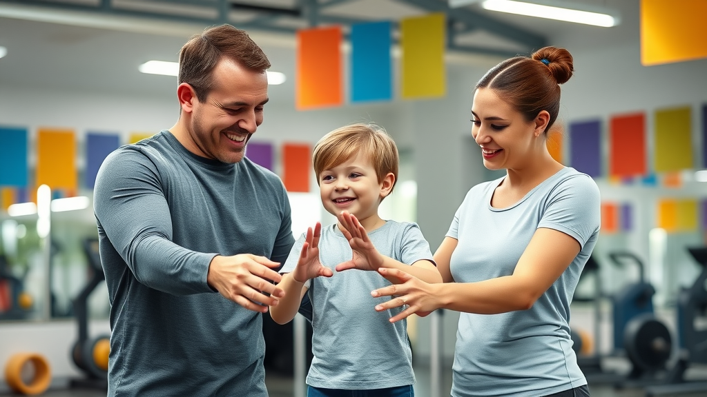 inclusive fitness session with a certified autism fitness pro, family member, and child working together on a fun exercise challenge in a bright gym