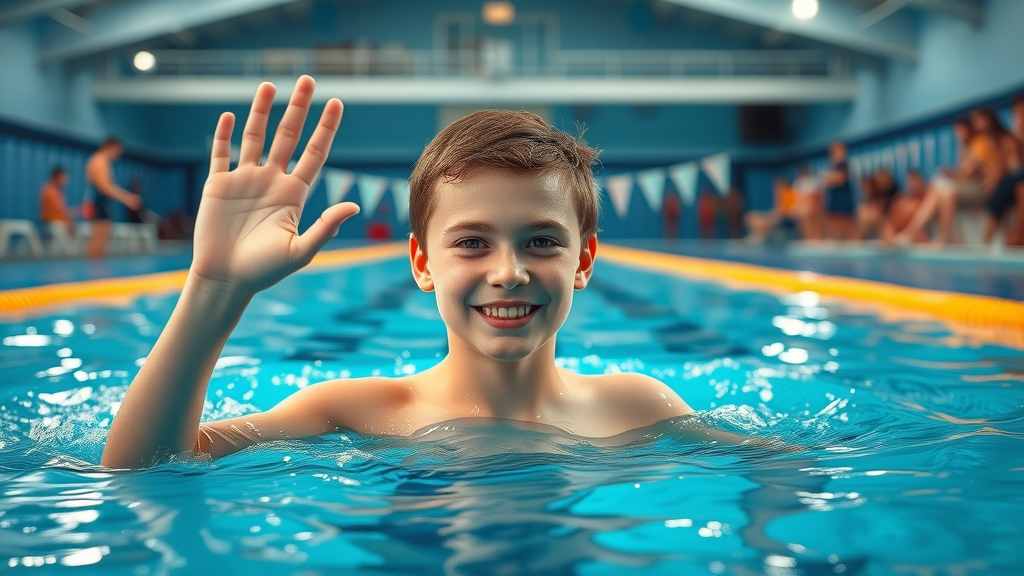 Confident autistic adolescent swimming milestone, celebration, physical fitness, autism positive effects
