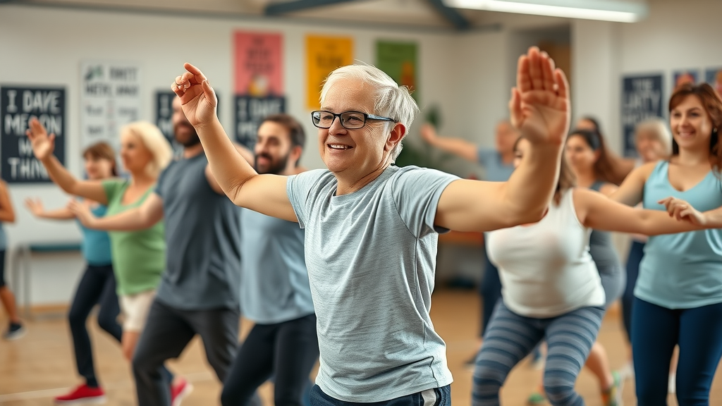 autism fitness community gym group class including people with autism and a fitness pro stretching in a vibrant, inclusive fitness studio