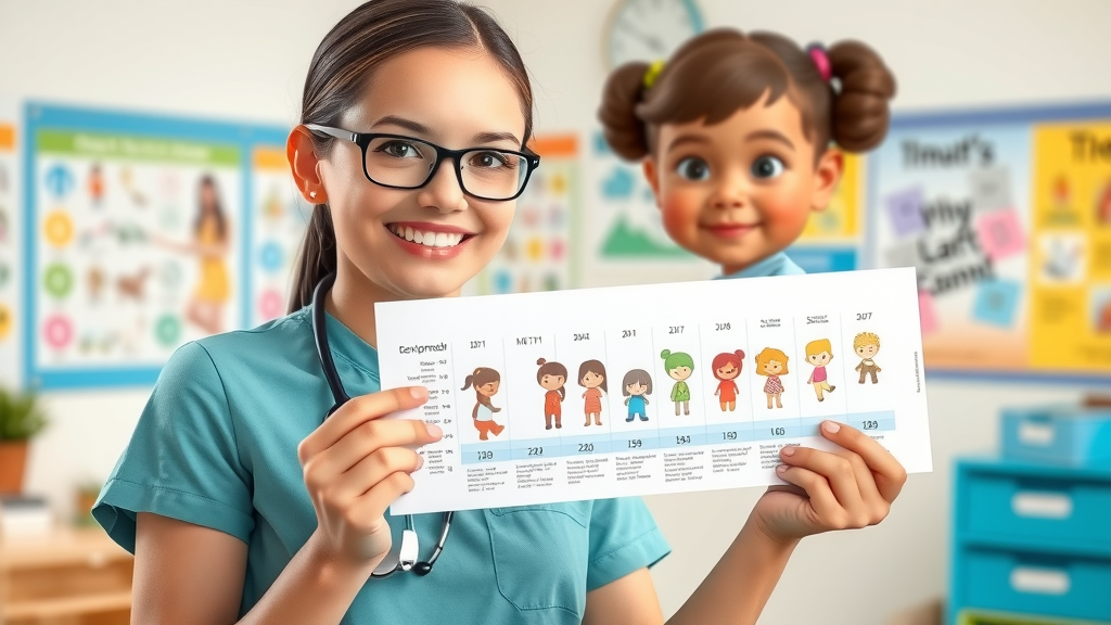 pediatric therapist presenting a developmental milestones chart comparing neurotypical and autistic children