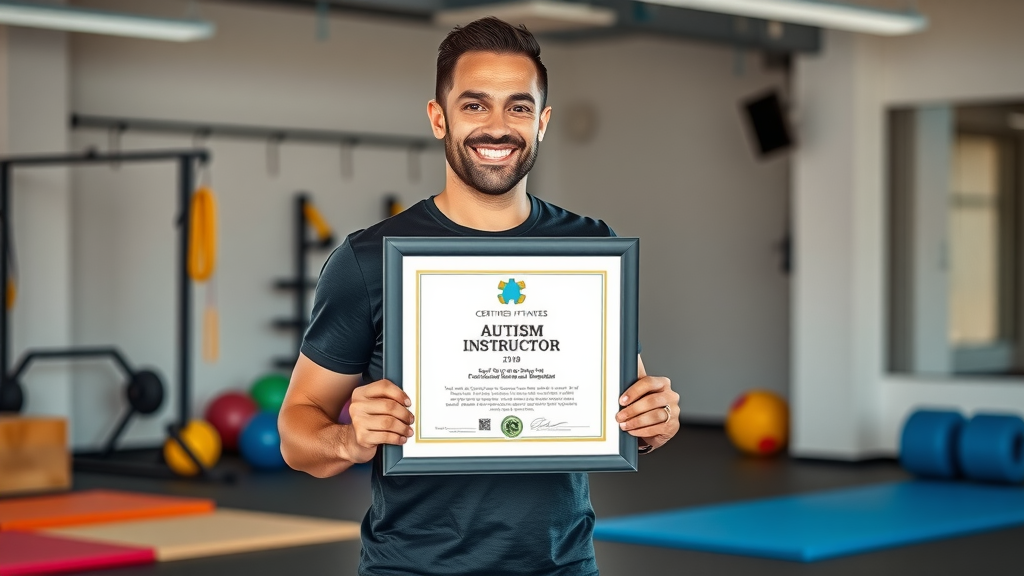 certified autism fitness instructor holding certification in an adaptive fitness studio, showcasing fitness certification expertise