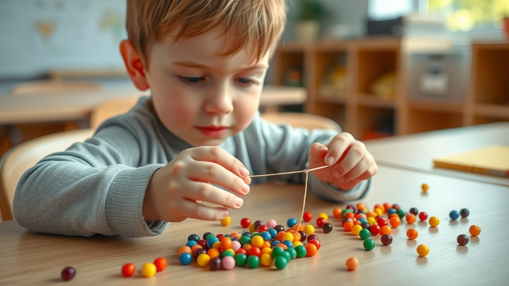 focused child with autism developing fine motor skills by stringing colorful beads in a classroom