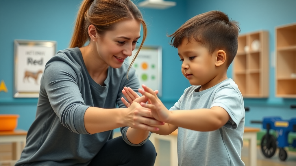 exercise program for autism spectrum: physical therapist supporting child with autism during balance activity in gym