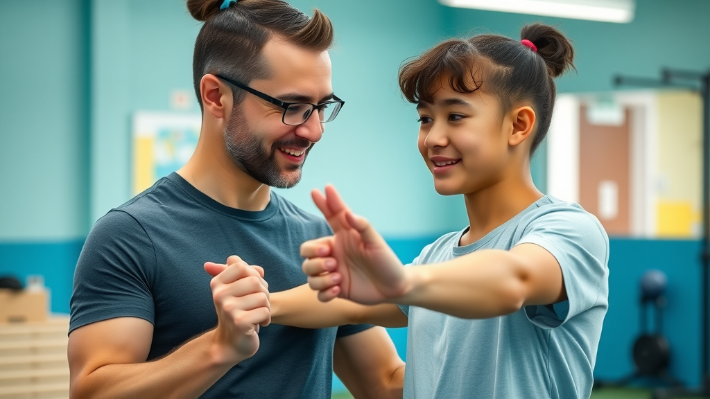 Friendly fitness professional assisting an autistic young adult in a sensory-friendly gym environment