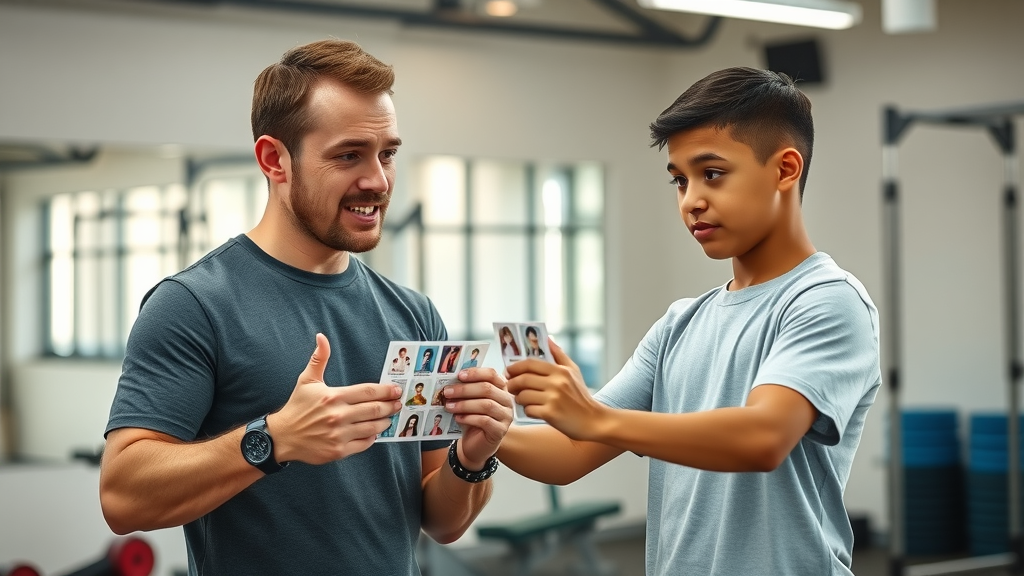 certified autism fitness pro using visual cue cards to guide a teenager with autism through an exercise program