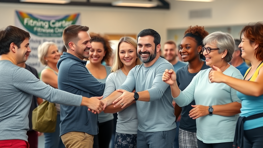 friendly group of people with and without disabilities celebrating after a fitness class, symbolizing inclusive fitness activities
