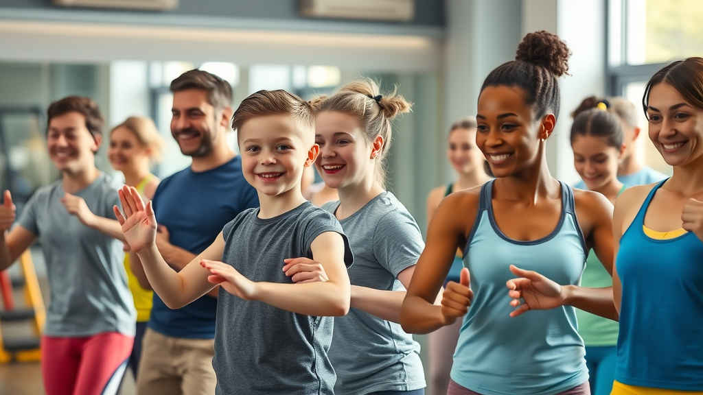 Inspiring group of autistic children and adults engaging in a supportive fitness class, smiling, performing simple aerobic exercises in a modern gym