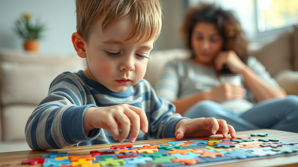 inquisitive young child with autism motor skills development, concentrating on a colorful puzzle, focusing on hand and puzzle interaction supervised by a supportive caregiver