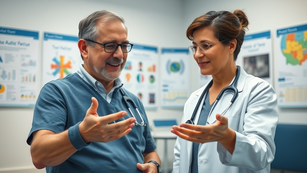 autism spectrum disorder and health - doctor using visual communication aids with autistic adult patient in a supportive clinical office
