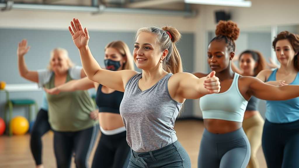 adaptive fitness routines group neurodiverse stretching inclusive gym colorful adaptive equipment