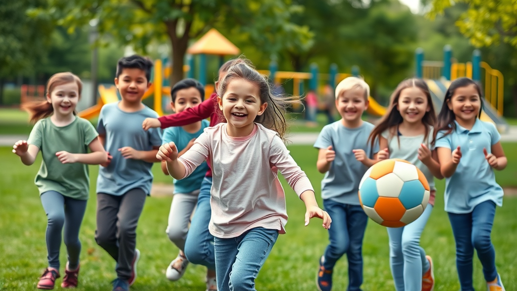 children with autism participating in outdoor autism fitness activities guided by a fitness pro in a lush park setting