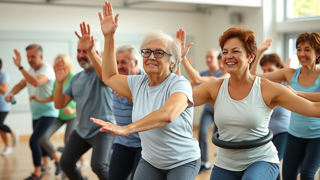 vibrant community fitness class with all ages and abilities doing inclusive fitness activities in a bright gym