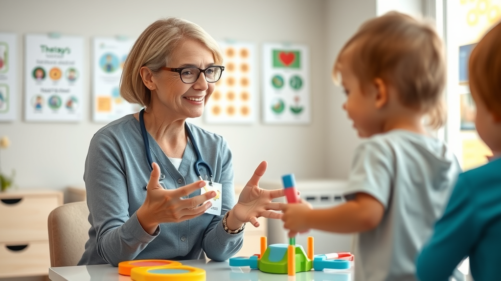 supportive pediatric occupational therapist answering questions about motor skills development for children with autism