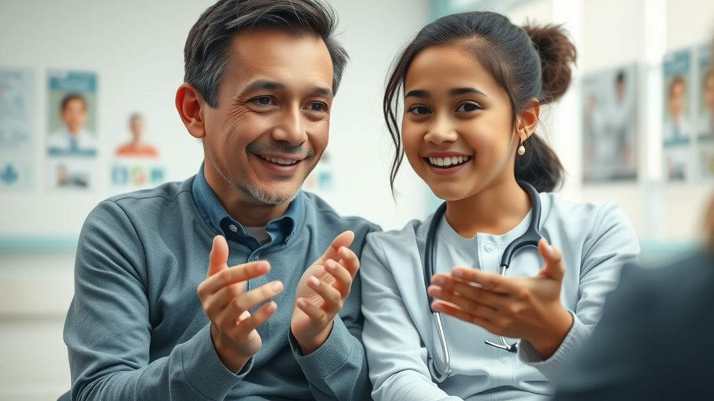 Child with parent in clinical setting discussing stem cell product for autism