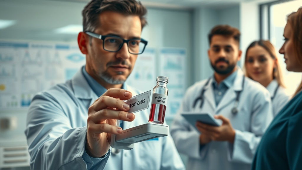 Researcher with stem cell vial discussing autism therapy