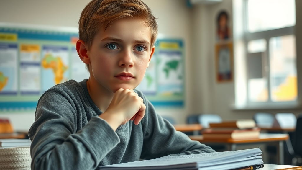Thoughtful adolescent student with subtle struggle in focus, classroom with natural light, portraying attention deficit hyperactivity disorder (ADHD).