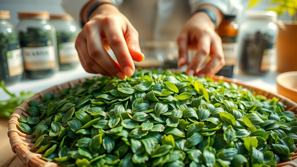 Fresh harvest of blue green algae and green alga on bamboo plate, showing dietary supplement potential, natural superfood for attention deficit hyperactivity disorder.