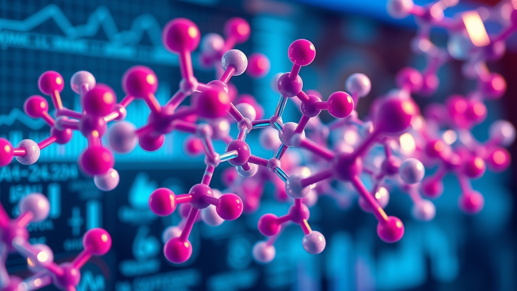 Colorful close-up illustration of molecular structures of amino acids, as found in blue green algae dietary supplements for ADHD.