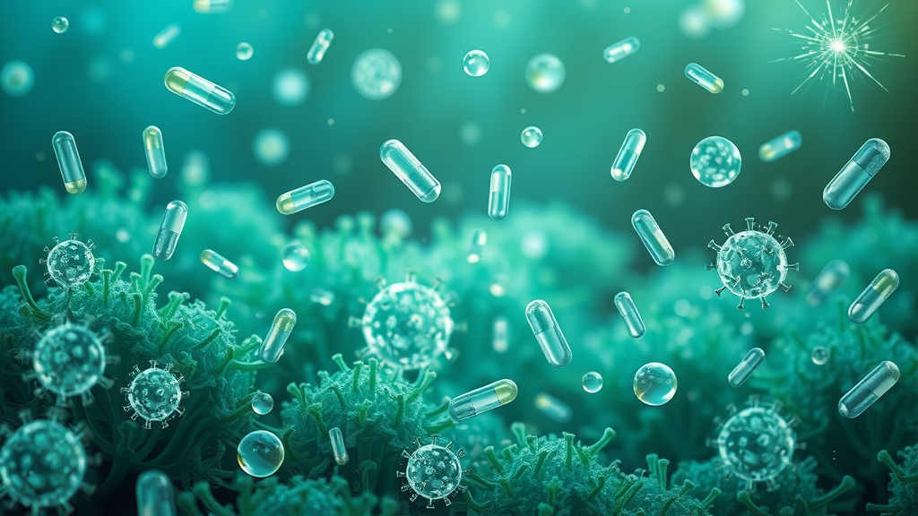 Artistic collage showing blue-green algae, supplement capsules, and health icons. Health benefits of blue-green algae for ADHD.
